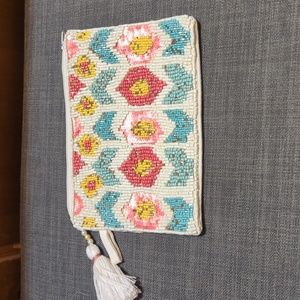 Beaded Aztec Floral 8 inch Pouch Clutch‎ Bag with Tassel Accent Small Purse